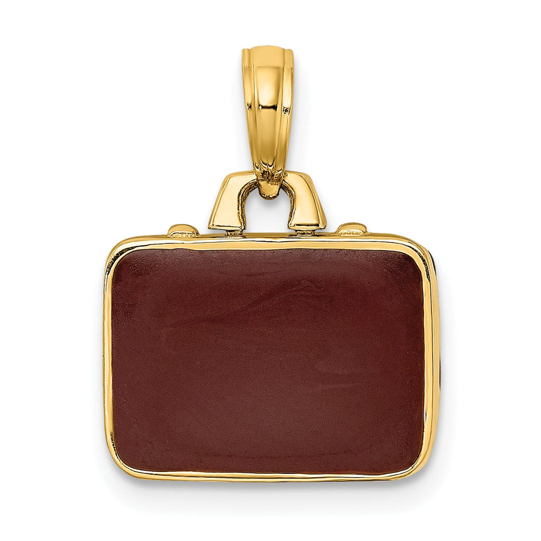 14K Yellow Gold Polished Brown Enamel Finish 3-Dimensional Briefcase Opens Design Charm Pendant