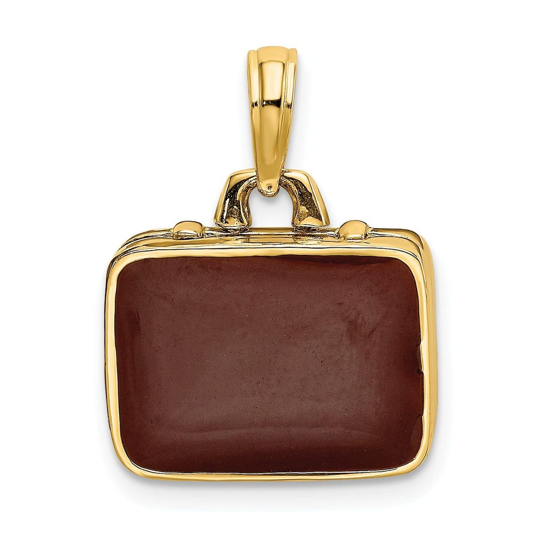 14K Yellow Gold Polished Brown Enamel Finish 3-Dimensional Briefcase Opens Design Charm Pendant