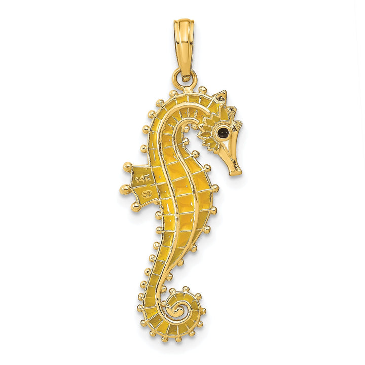 14k Yellow Gold 3-Dimensional Textured Polished Black Enameled Eye Finish Mens Seahorse Charm Pendant