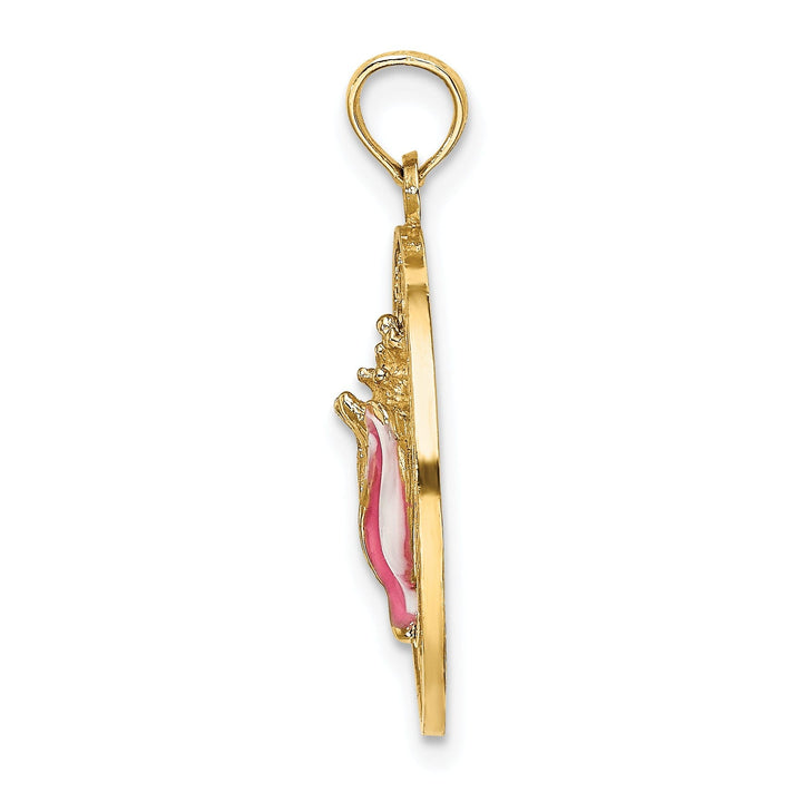 14K Yellow Gold Polished Pink, White Enameled Finish TURKS & CAICOS Circle Design with Conch Shell Charm Pendant