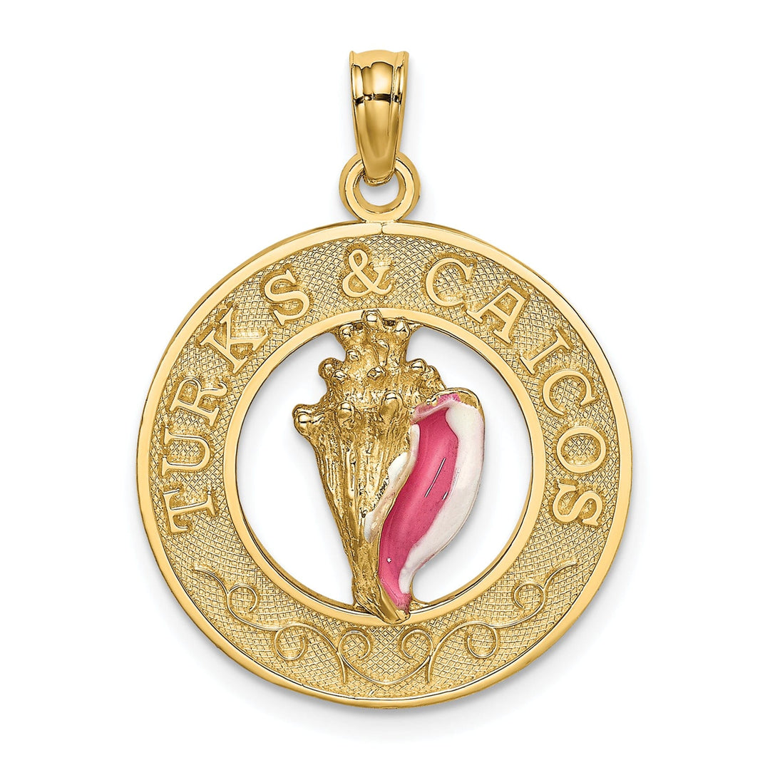 14K Yellow Gold Polished Pink, White Enameled Finish TURKS & CAICOS Circle Design with Conch Shell Charm Pendant