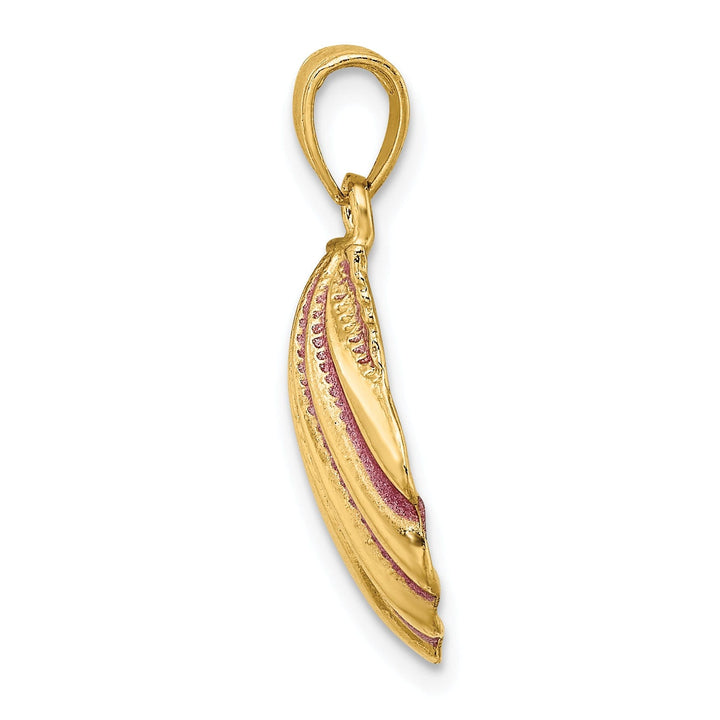 14K Yellow Gold Textured Polished Pink Enamel Finish Sea Scallop Shell Charm Pendant