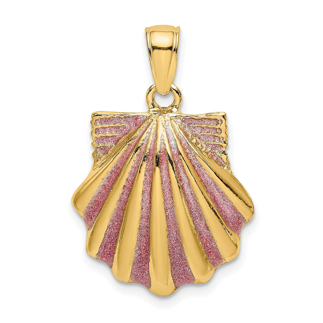 14K Yellow Gold Textured Polished Pink Enamel Finish Sea Scallop Shell Charm Pendant