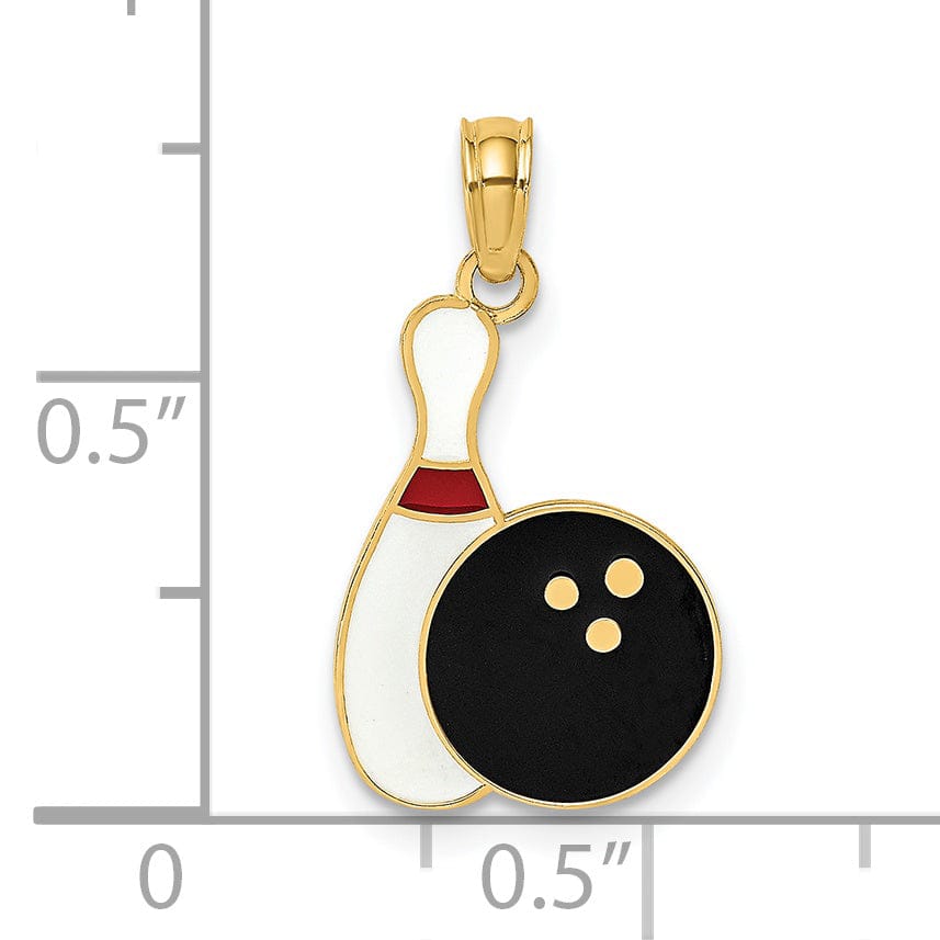 14K Yellow Gold Bowling Ball and Pin Charm Pendant with Enamel Finish