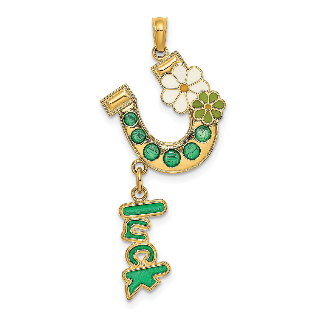 14K Yellow Gold Textured Polished Green Enameled Horseshoe LUCK With Flowers Design Charm Pendant