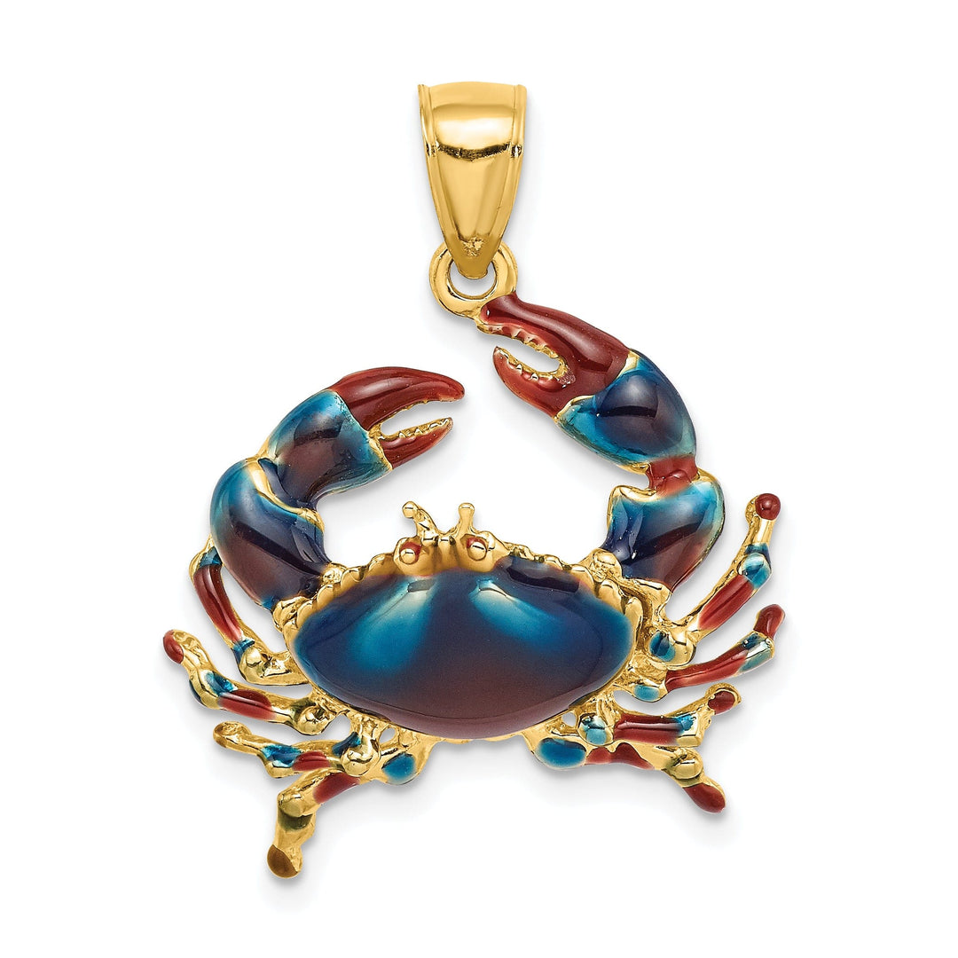 14K Yellow Gold Polished Blue Claw Enamel Finish Stone Crab Charm Pendant