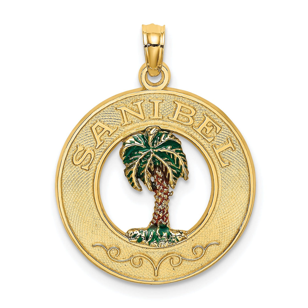 14K Yellow Gold Polished Textured Green, Brown-Color Enameled Finish SANIBEL with Palm Tree in Circle Design Charm Pendant