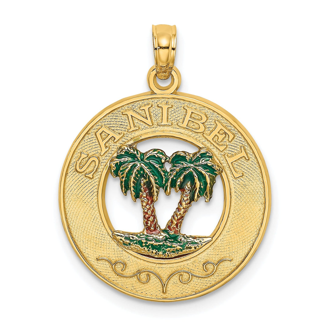 14K Yellow Gold Polished Textured Green, Brown-Color Enameled Finish SANIBEL with Double Palm Trees in Circle Design Charm Pendant
