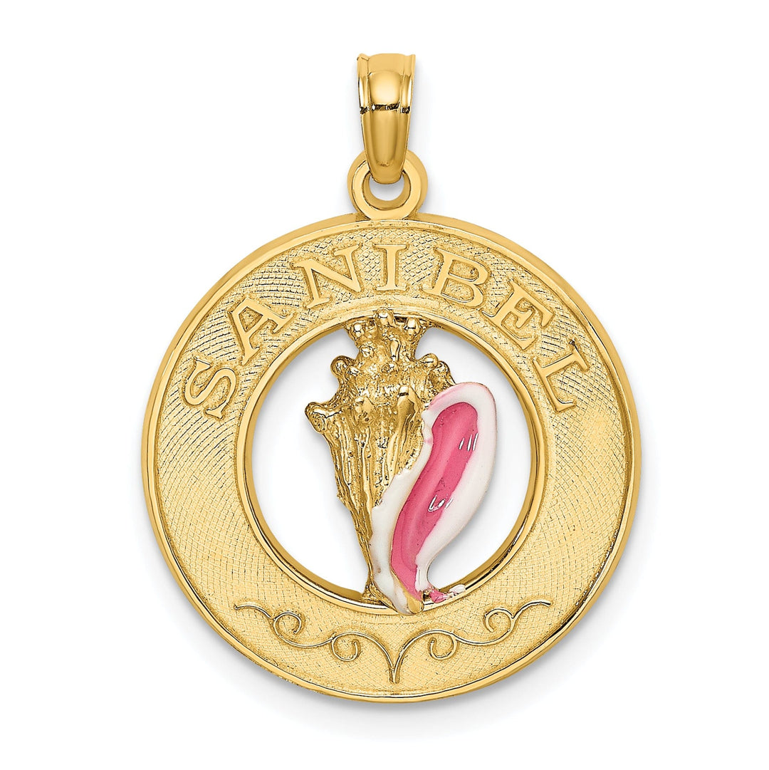 14K Yellow Gold Polished Textured Pink, White Enamel Finish Conch Shell SANIBEL in Circle Design Charm Pendant