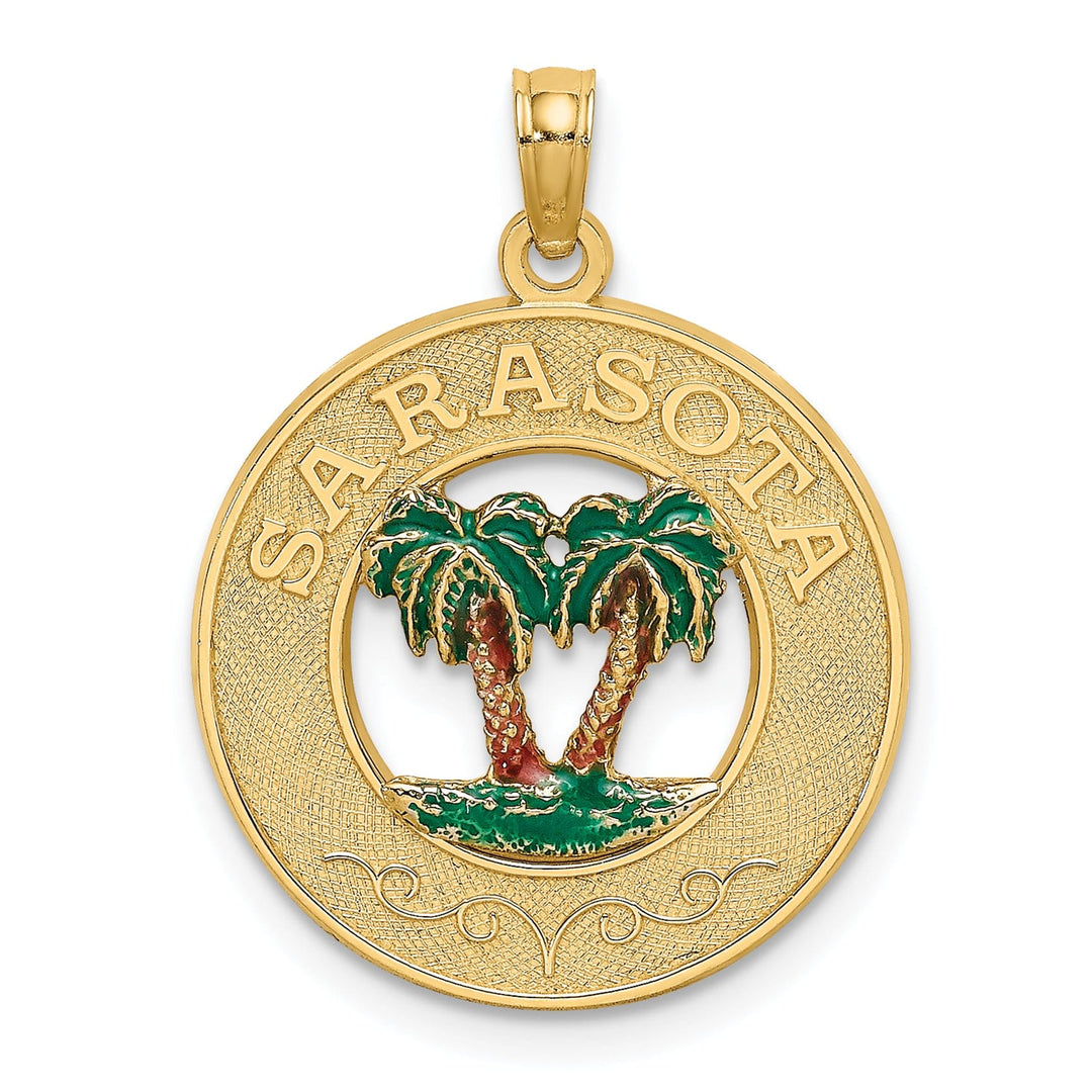 14K Yellow Gold Polished Textured Green, Brown-Color Enameled Finish SARSOTA with Double Palm Trees in Circle Design Charm Pendant