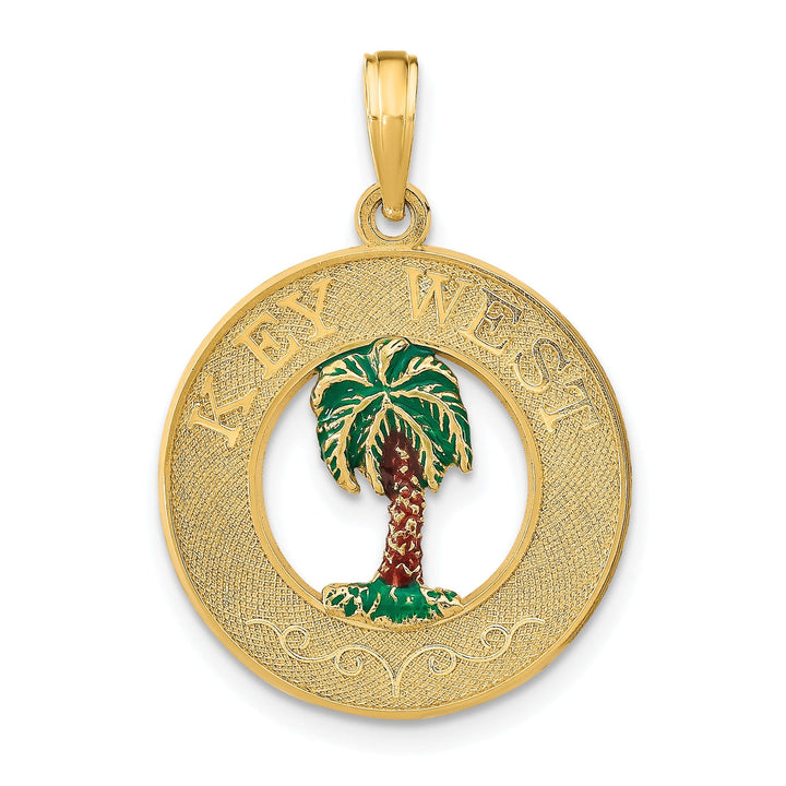 14K Yellow Gold Polished Textured Green, Brown-Color Enameled Finish KEY WEST with Palm Tree in Circle Design Charm Pendant