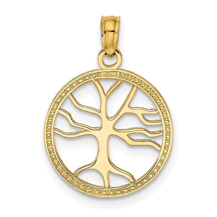 14K Yellow Gold Textured Solid Polished Finish Tree of Life in Round Frame Charm Pendant