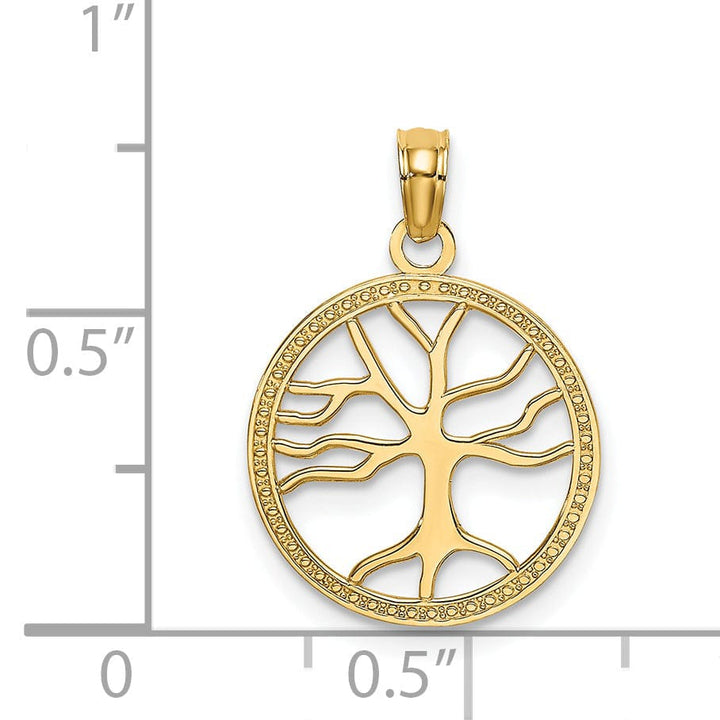 14K Yellow Gold Textured Solid Polished Finish Tree of Life in Round Frame Charm Pendant