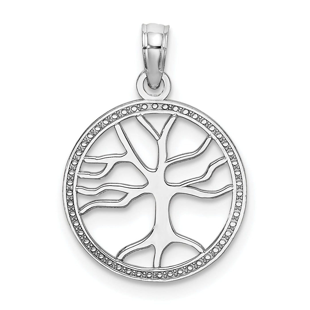 14K White Gold Textured Polished Finish Tree of Life in Round Frame Charm Pendant