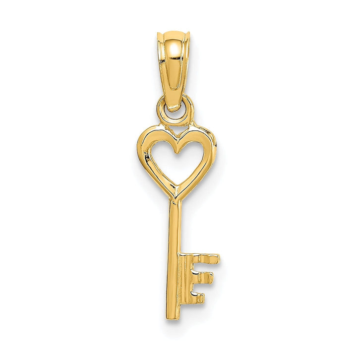 14K Yellow Gold Polished Finish 3-D Key with Heart Design Charm Pendant