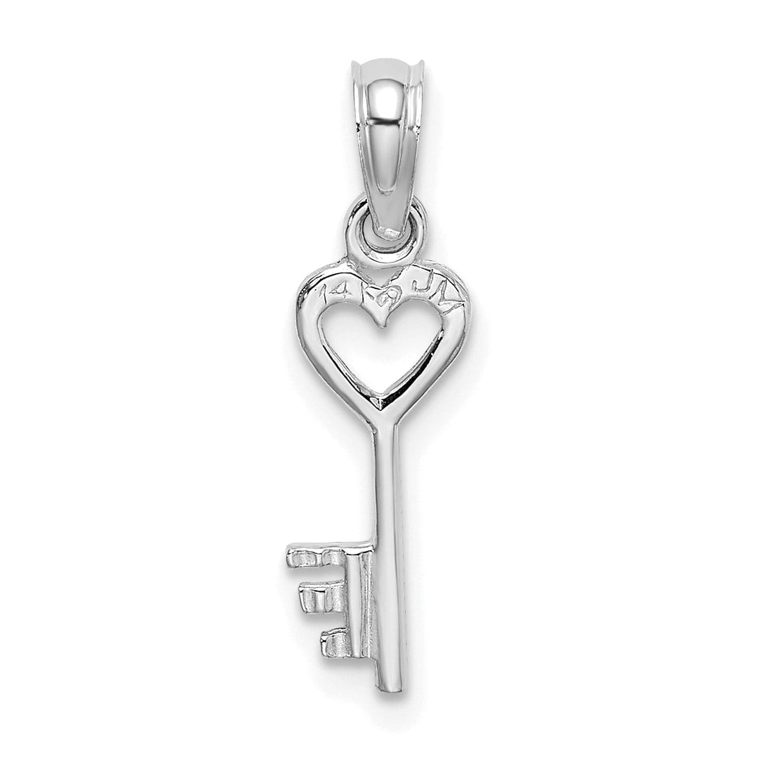 14K White Gold Rhodium 3-D Key with Heart Design Charm Pendant