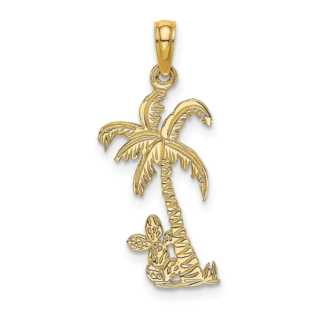 14K Yellow Gold Solid Polished Textured Finish Flat Back Palm Tree with Cactus Charm Pendant