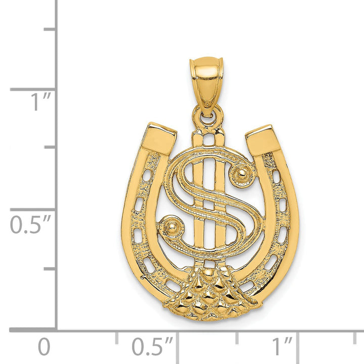 14k Yellow Gold Textured Polished Finish Dollar Sign in HorseShoe Design Charm Pendant