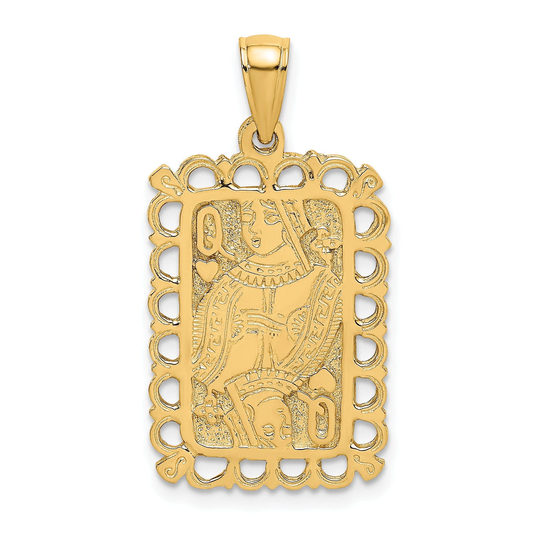 14K Yellow Gold Textured Polished Finish Queen Playing Card Design Charm Pendant