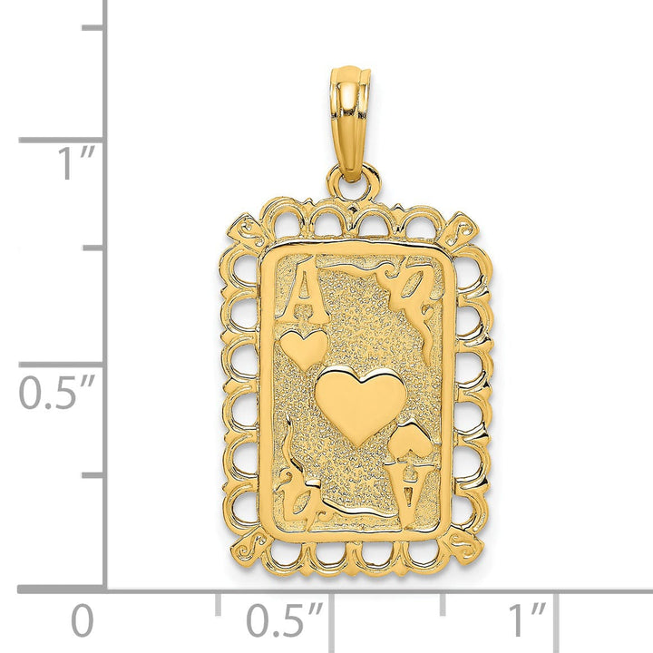 14K Yellow Gold Textured Polished Finish Hearts with Ace Playing Card Design Charm Pendant
