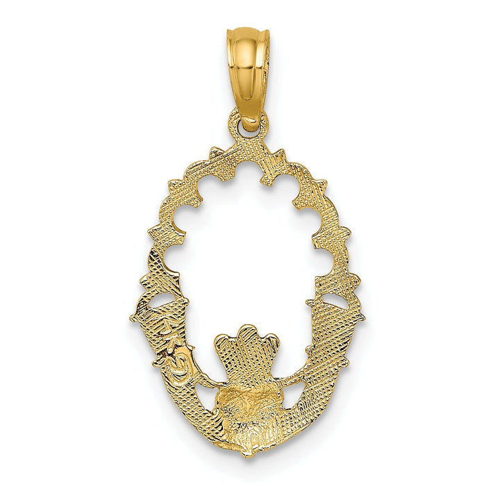 14K Yellow Gold Textured Polished Finish In Ova Shape Claddagh Design with Lace Trim Charm Pendant