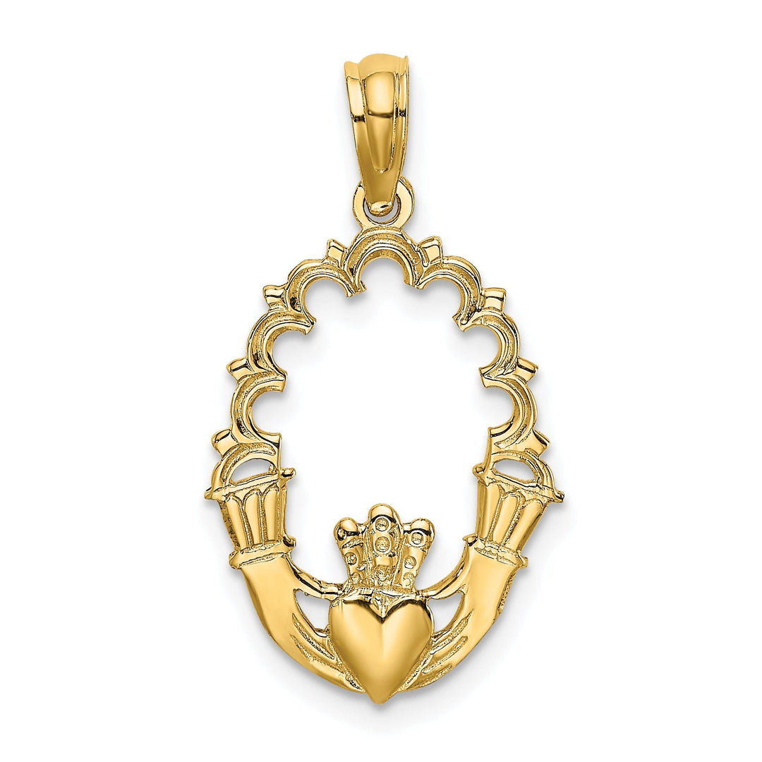 14K Yellow Gold Textured Polished Finish In Ova Shape Claddagh Design with Lace Trim Charm Pendant
