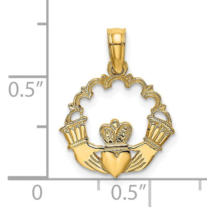 14K Yellow Gold Polished Finish Claddagh In Scallop Circle Design Charm Pendant