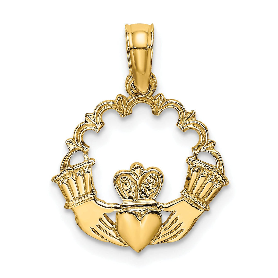 14K Yellow Gold Polished Finish Claddagh In Scallop Circle Design Charm Pendant