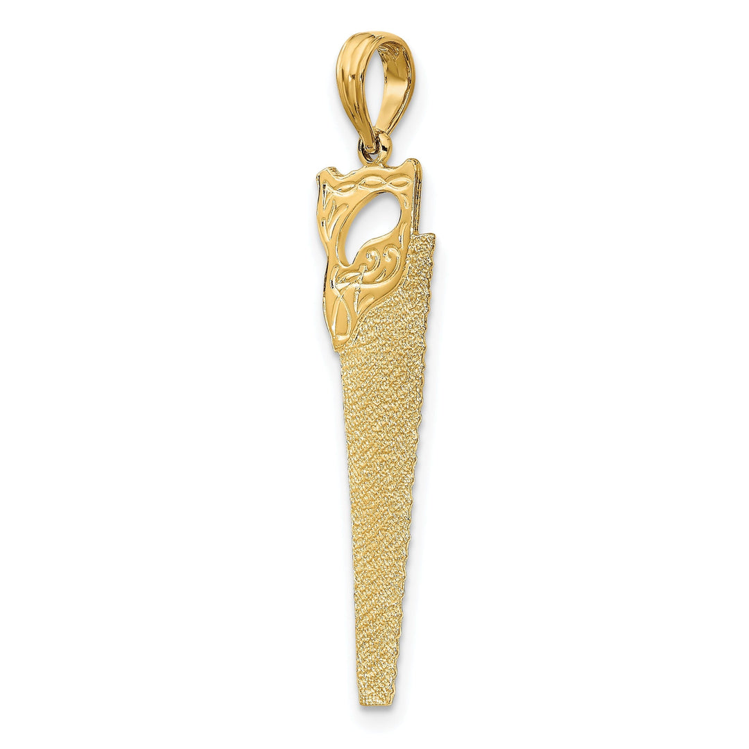 14K Yellow Gold Textured Polished Finish 3-Dimensional Hand Wood Saw Charm Pendant