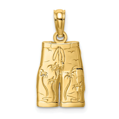 14K Yellow Gold Polished Finish Flat Back Board Shorts with Engraved Palm Trees Design Charm Pendant