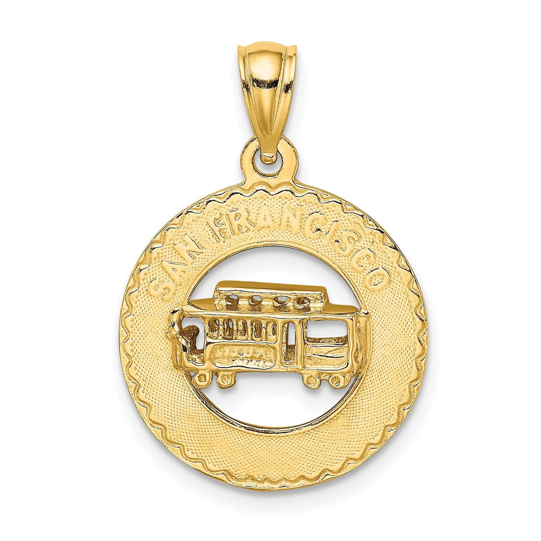 14K Yellow Gold Polished Textured Finish SAN FRANCISCO with Cable Car in Circle Design Charm Pendant
