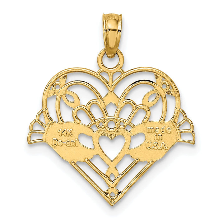 14K Yellow Gold Open Back Polished Finish with Beaded Design Claddagh In Heart Charm Pendant