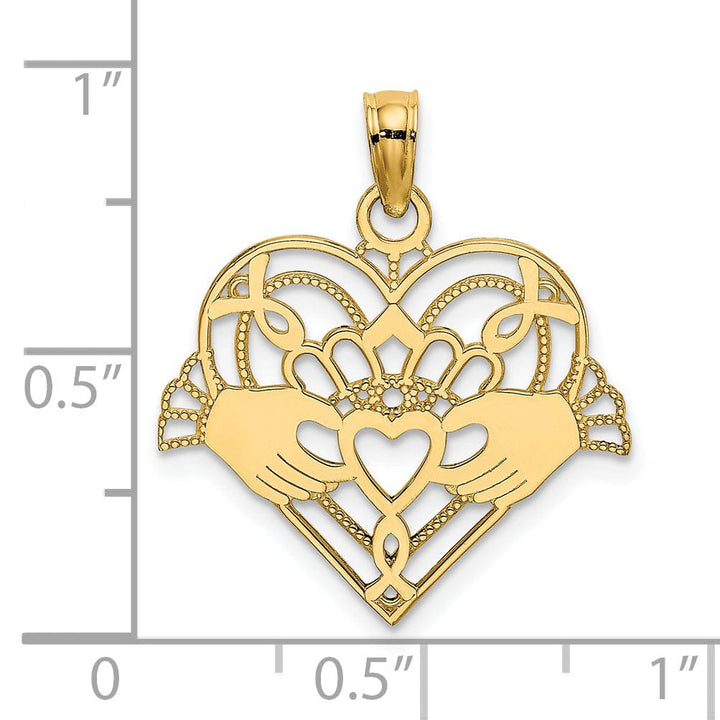 14K Yellow Gold Open Back Polished Finish with Beaded Design Claddagh In Heart Charm Pendant