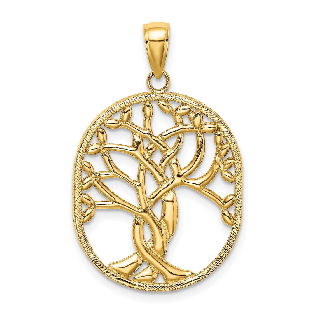 14K Yellow Gold Open Back Textured Polished Finish Tree of Life Celtic Knot in Oval Frame Charm Pendant