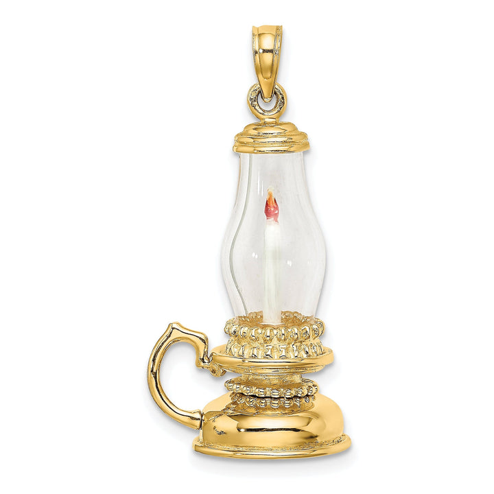 14K Yellow Gold Polished white Enamel Finish 3-Dimensional Glass Candle Lantern Charm Pendant