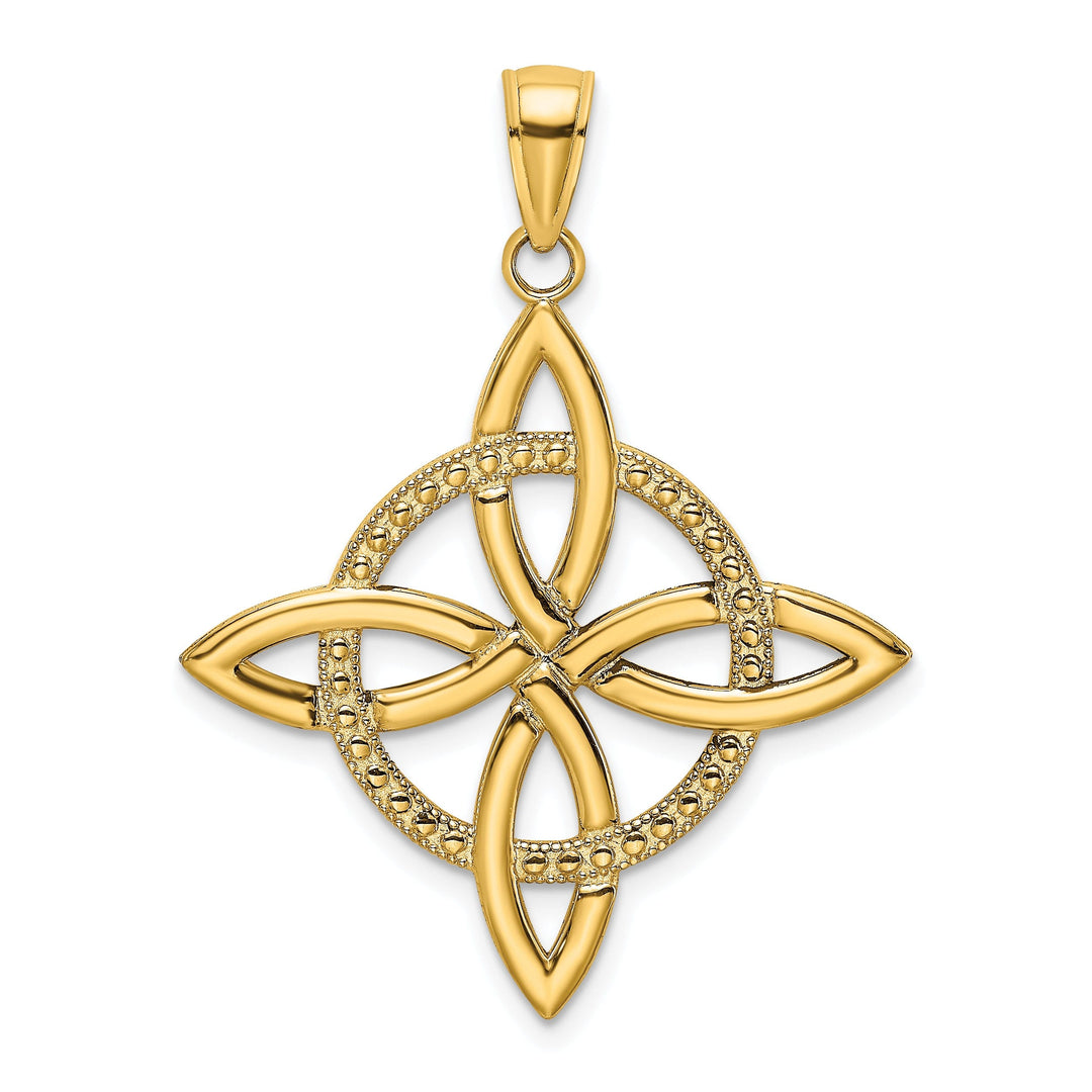 14k Yellow Gold Textured Polished Finish Beaded Large Celtic Eternity Knot Design Charm Pendant