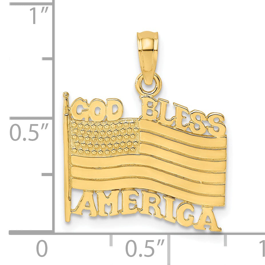 14K Yellow Gold Polished Textured Finish God Bless America with U.S.A Flag Design Charm Pendant