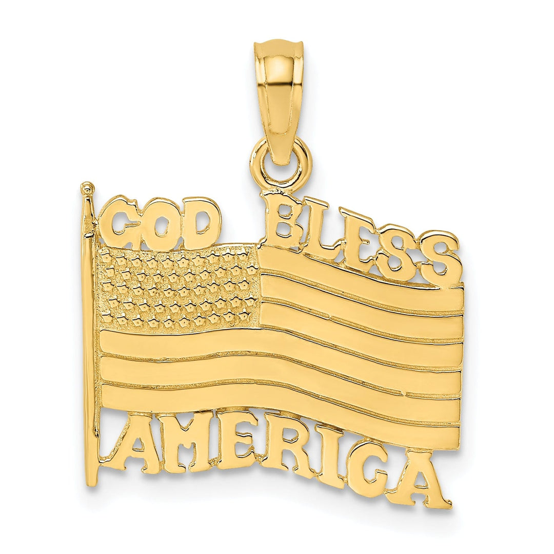 14K Yellow Gold Polished Textured Finish God Bless America with U.S.A Flag Design Charm Pendant
