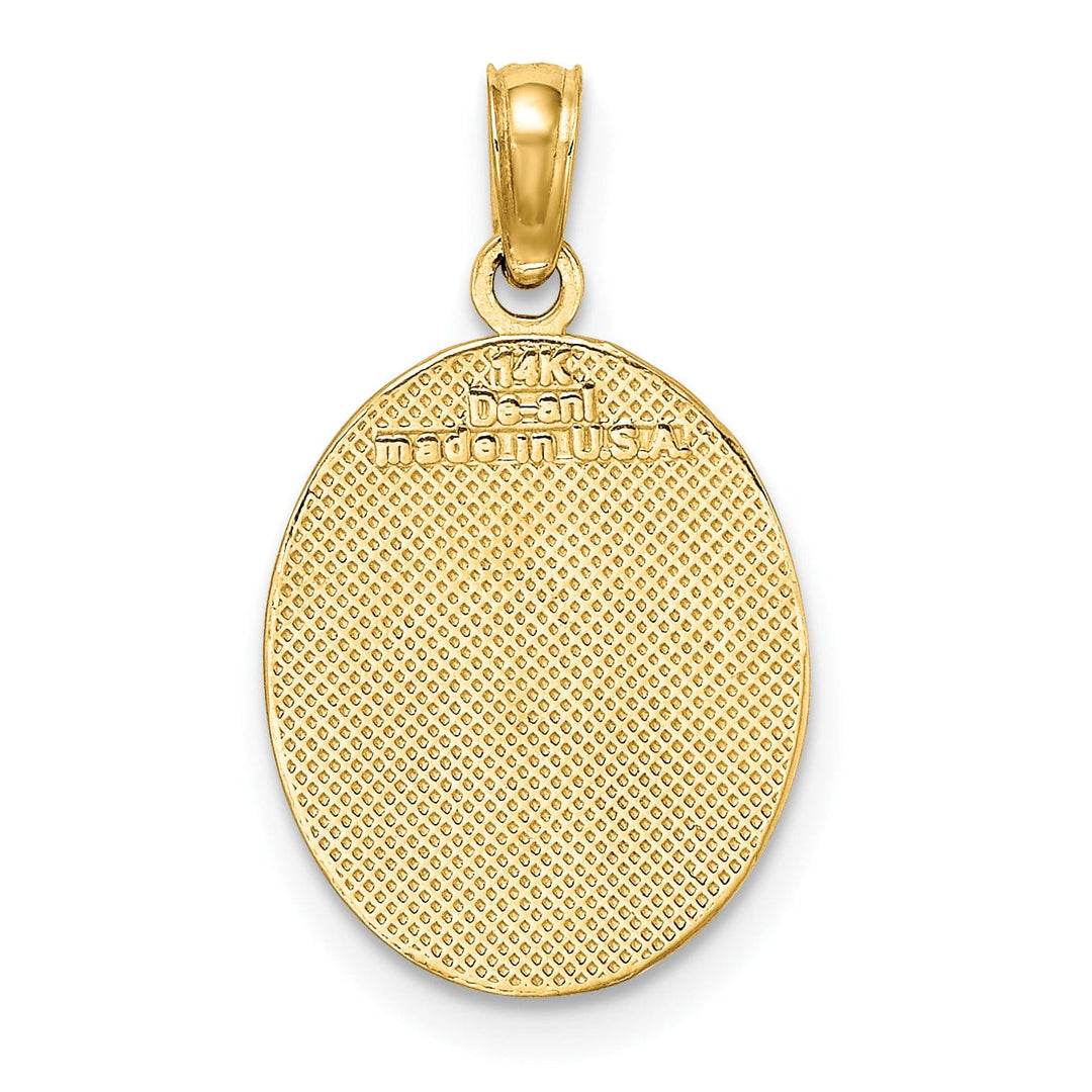 14K Yellow Gold Textured Polished Finish Fleur de Lis on Oval Disc Shape Design Charm Pendant