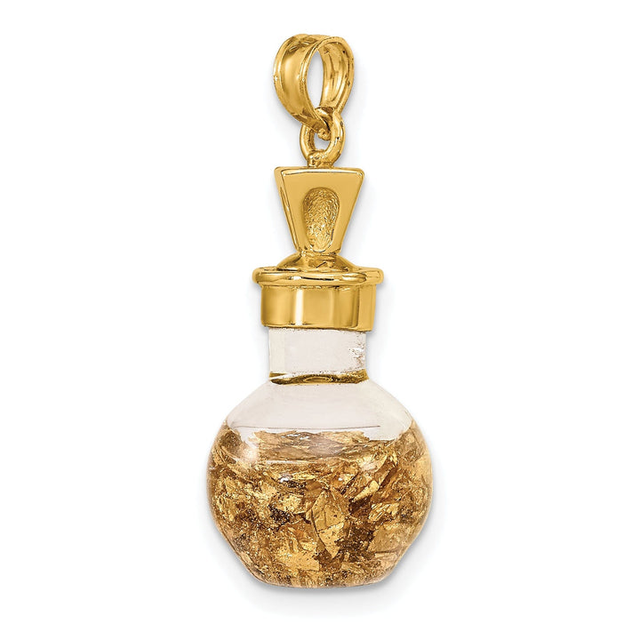 14K Yellow Gold Polished Finish 3-Dimensional Gold Leaf In Bottle Charm Pendant