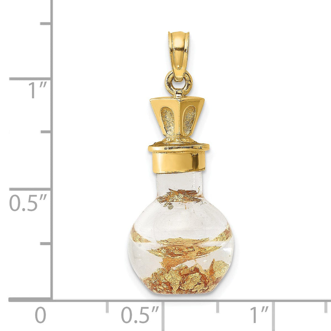 14K Yellow Gold Polished Finish 3-Dimensional Gold Leaf In Bottle Charm Pendant