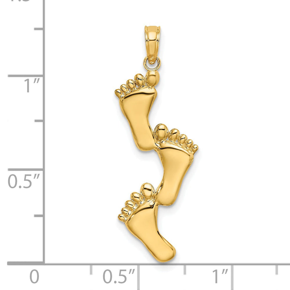 14K Yellow Gold Solid Polished Finish Flat Back Triple Vertical Feet Charm Pendant