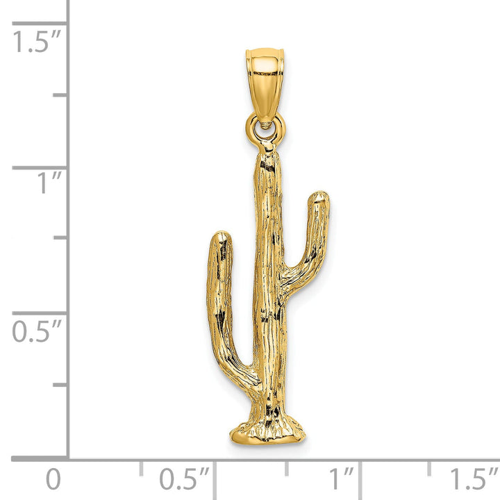 14K Yellow Gold Textured Polished Finish 3-Dimensional Saguaro Cactus Design Charm Pendant