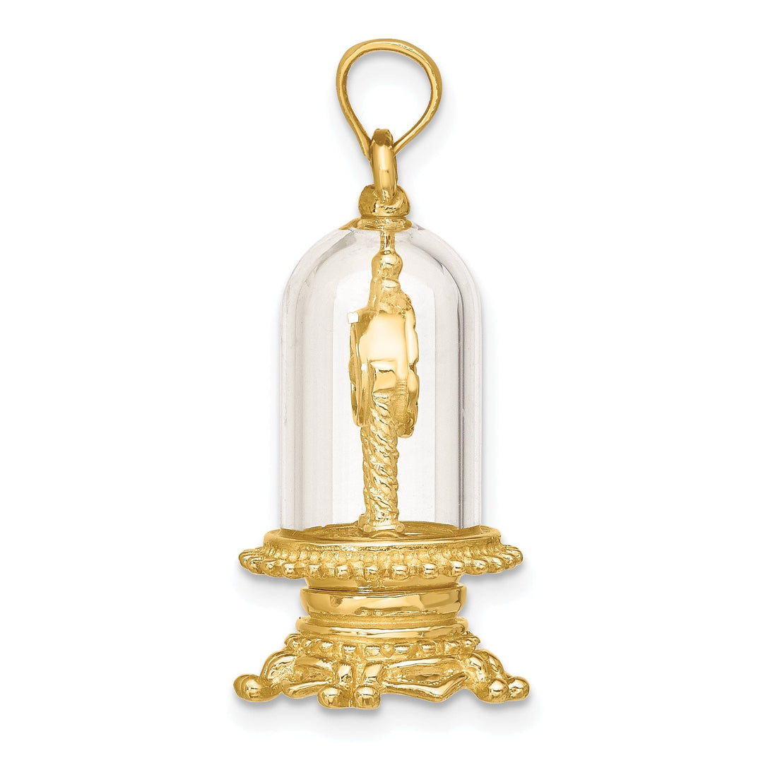 14K Yellow Gold Polished White Enamel Finish 3-Dimensional Moveable Clock In Glass Dome Charm Pendant