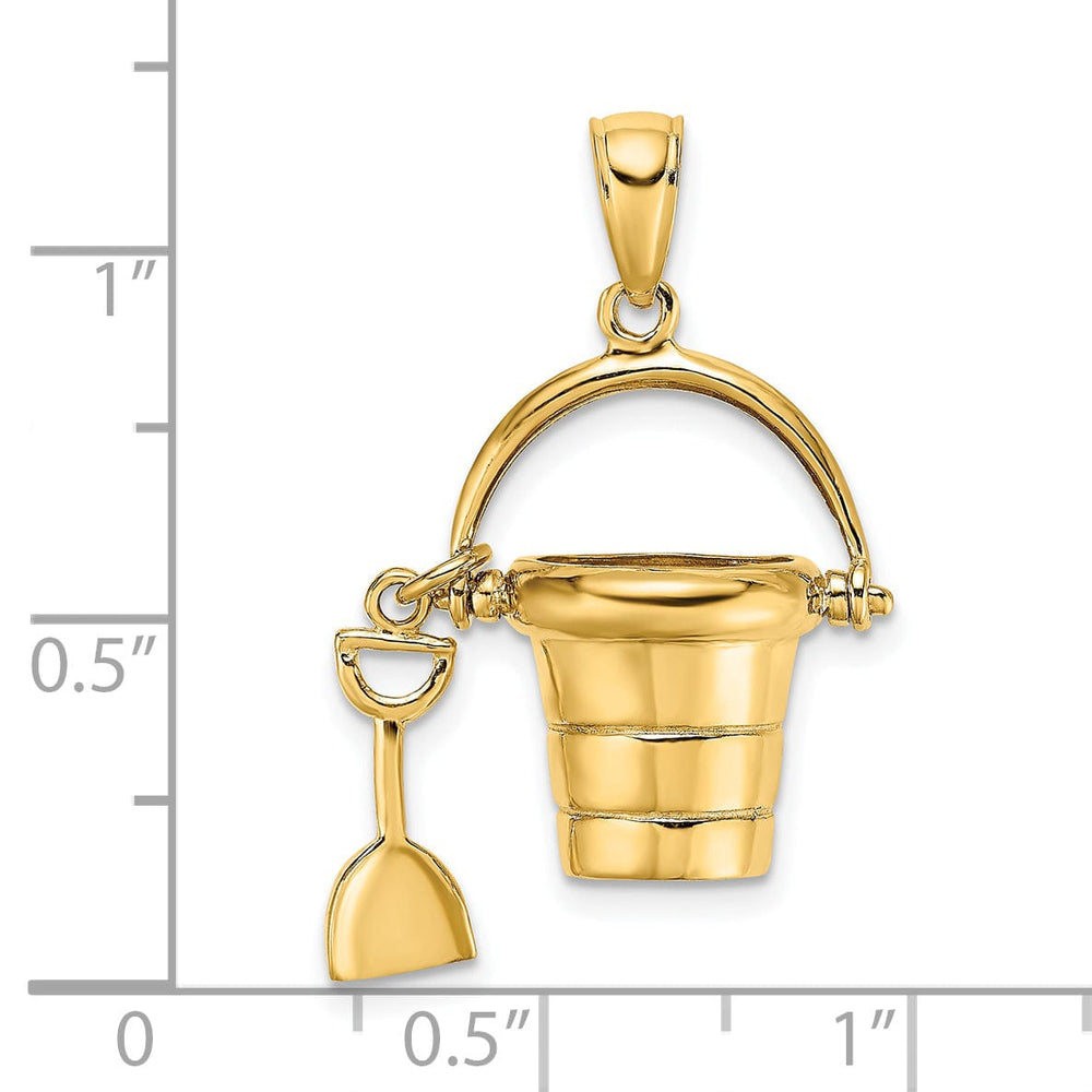14k Yellow Gold Polished Finish 3-Dimensional Moveable Beach Pail with Shovel Charm Pendant
