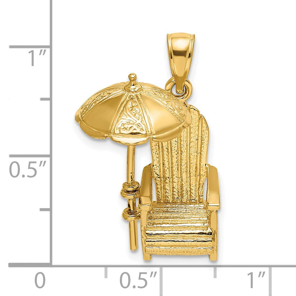 14K Yellow Gold Polished Finish 3-Dimensional Beach Chair with Umbrella Charm Pendant