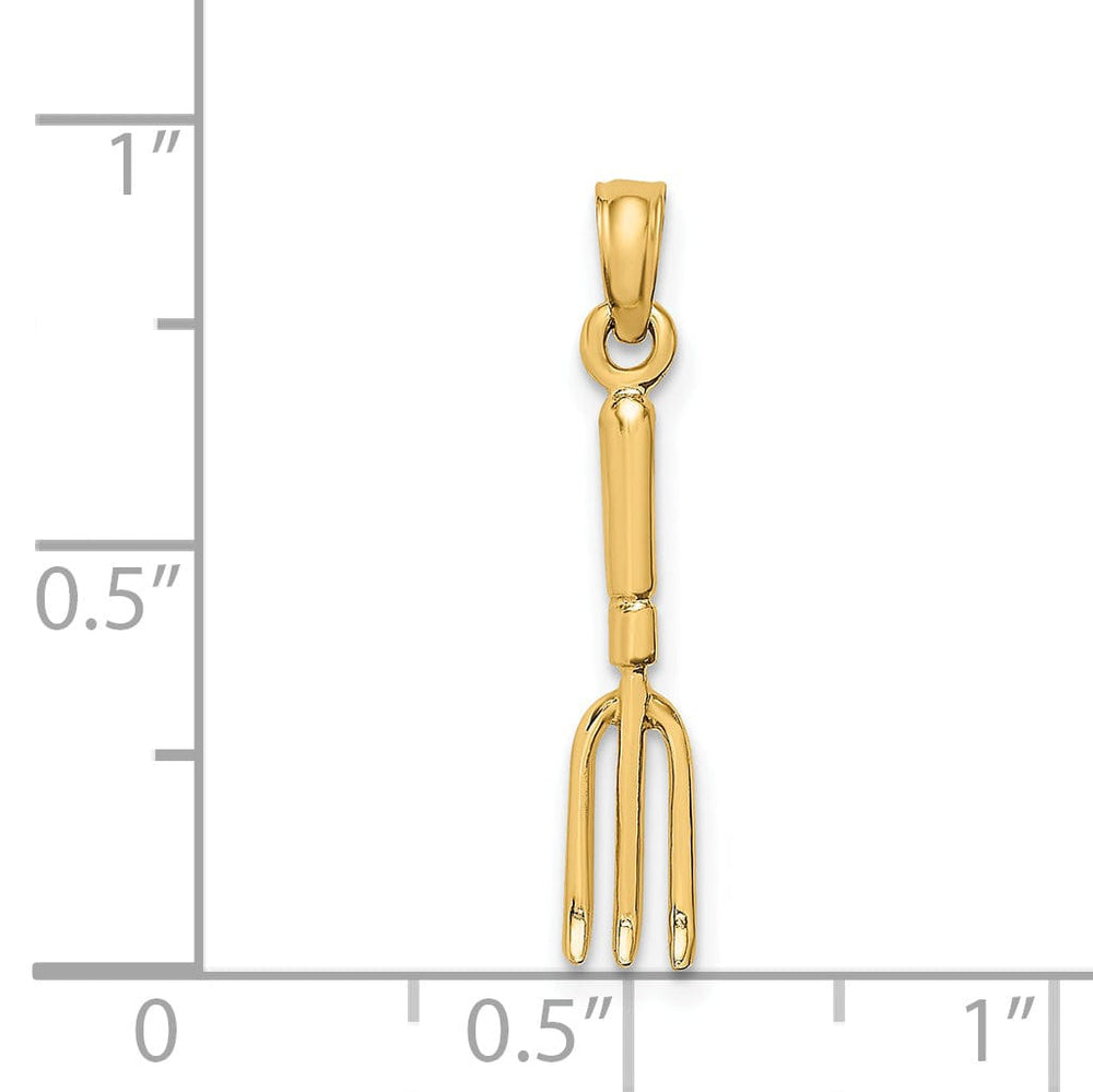 14K Yellow Gold Polished Finish 3-Dimensional Garden Hand Held Fork Rake Tool Charm Pendant
