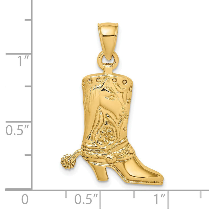 14K Yellow Gold Textured Polished Finish Cowboy Boot with Spur Charm Pendant