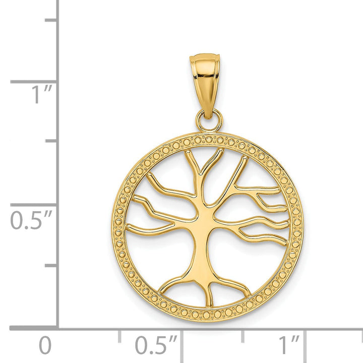 14K Yellow Gold Textured Polished Finish Tree of Life in a Large Size Round Beaded Frame Design Charm Pendant