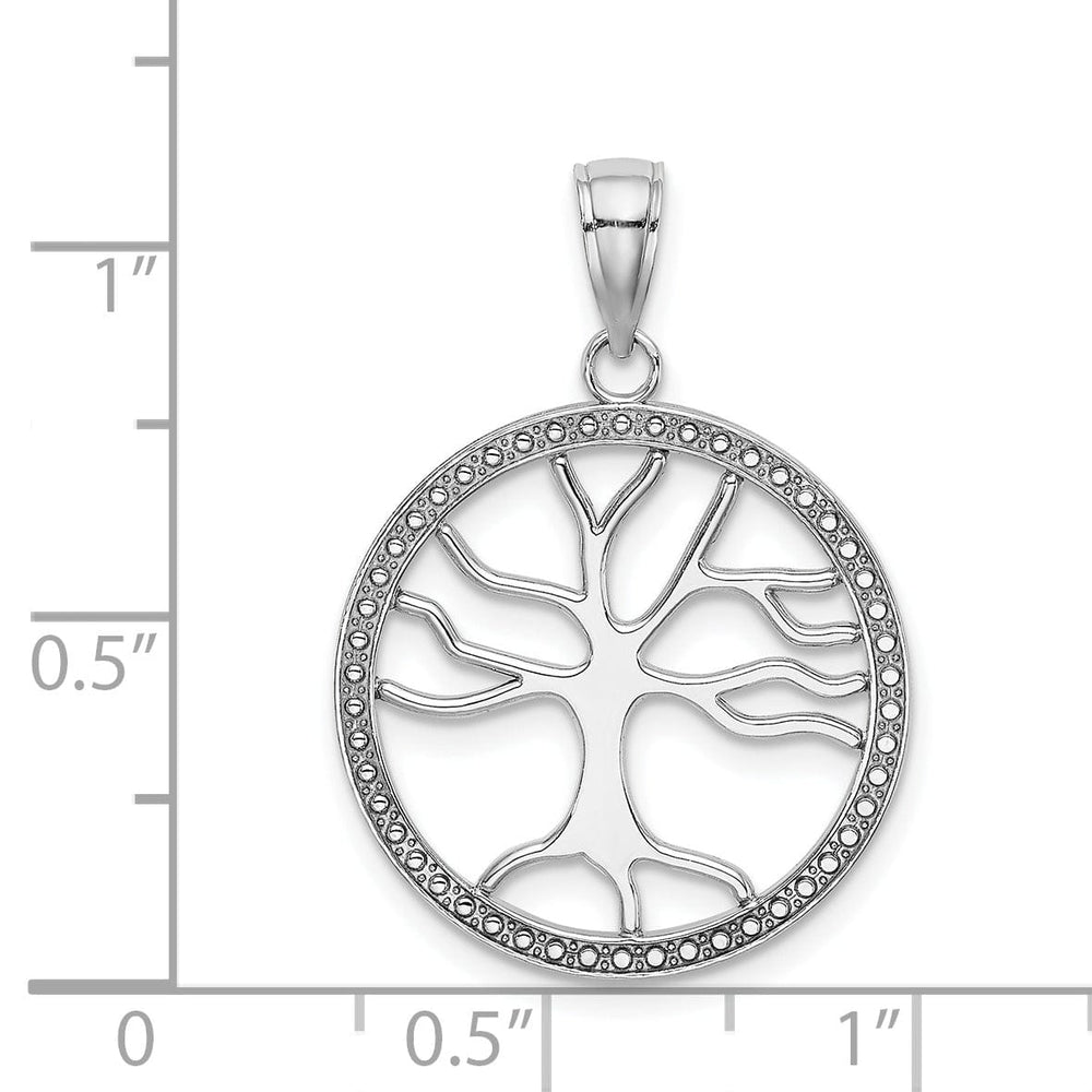 14K White Gold Textured Polished Finish Tree of Life in a Large Size Round Beaded Frame Design Charm Pendant